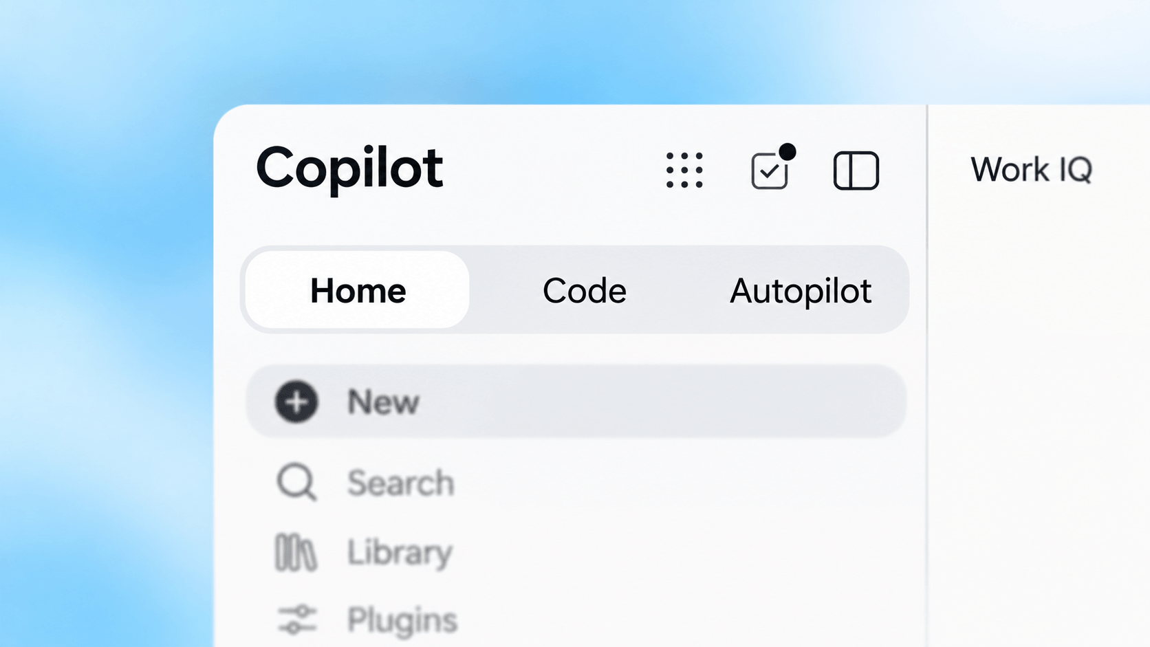 Microsoft Copilot interface with Home, Code, Autopilot, and Work IQ