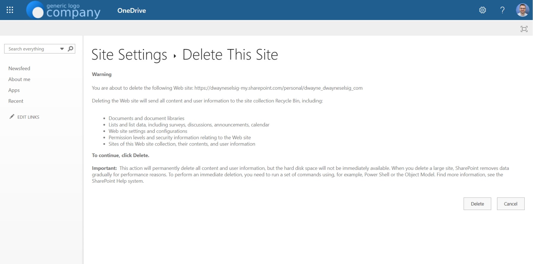 OneDrive site settings showing Delete This Site