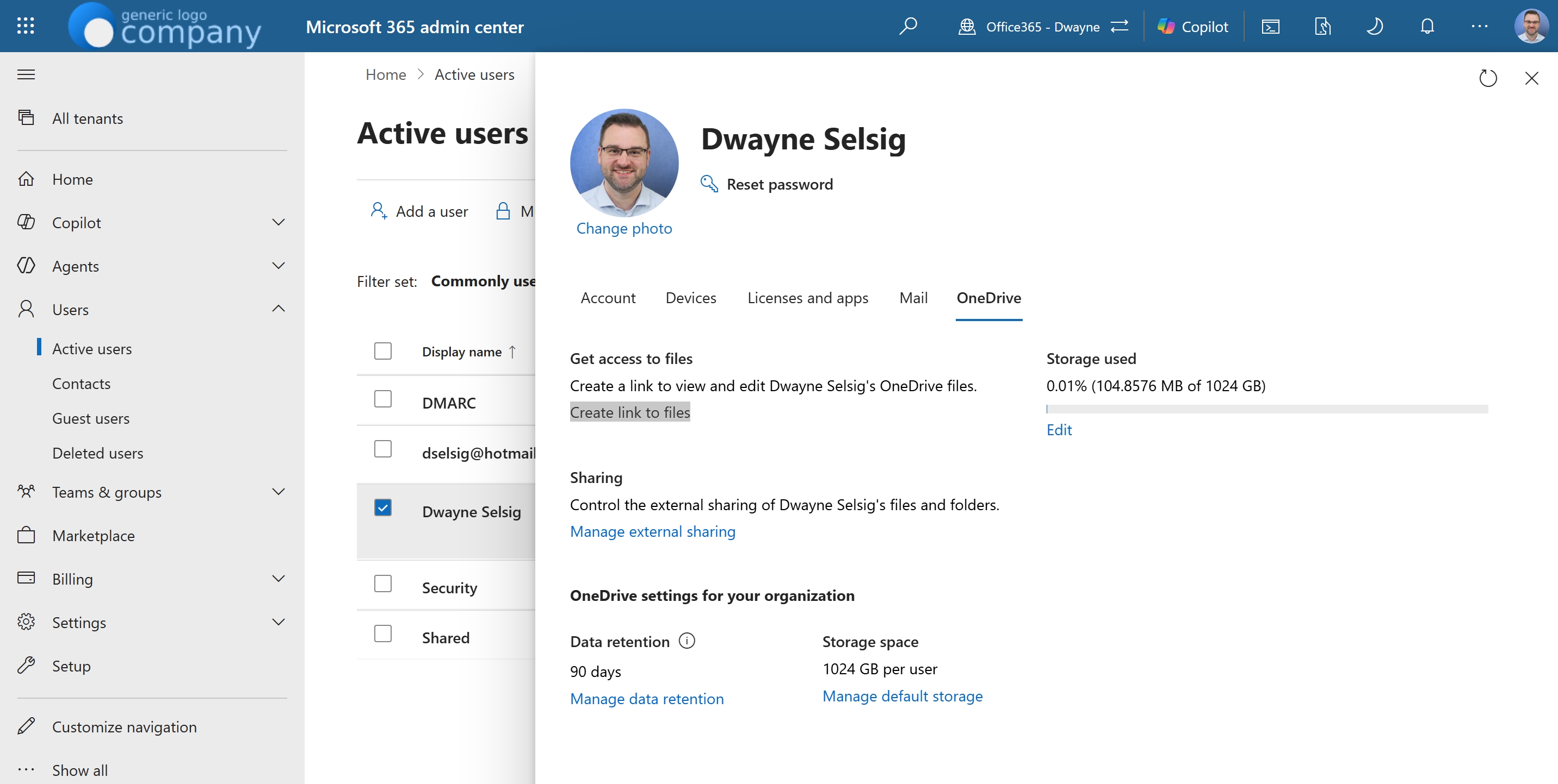 Microsoft 365-beheercentrum met de optie Koppeling naar bestanden maken