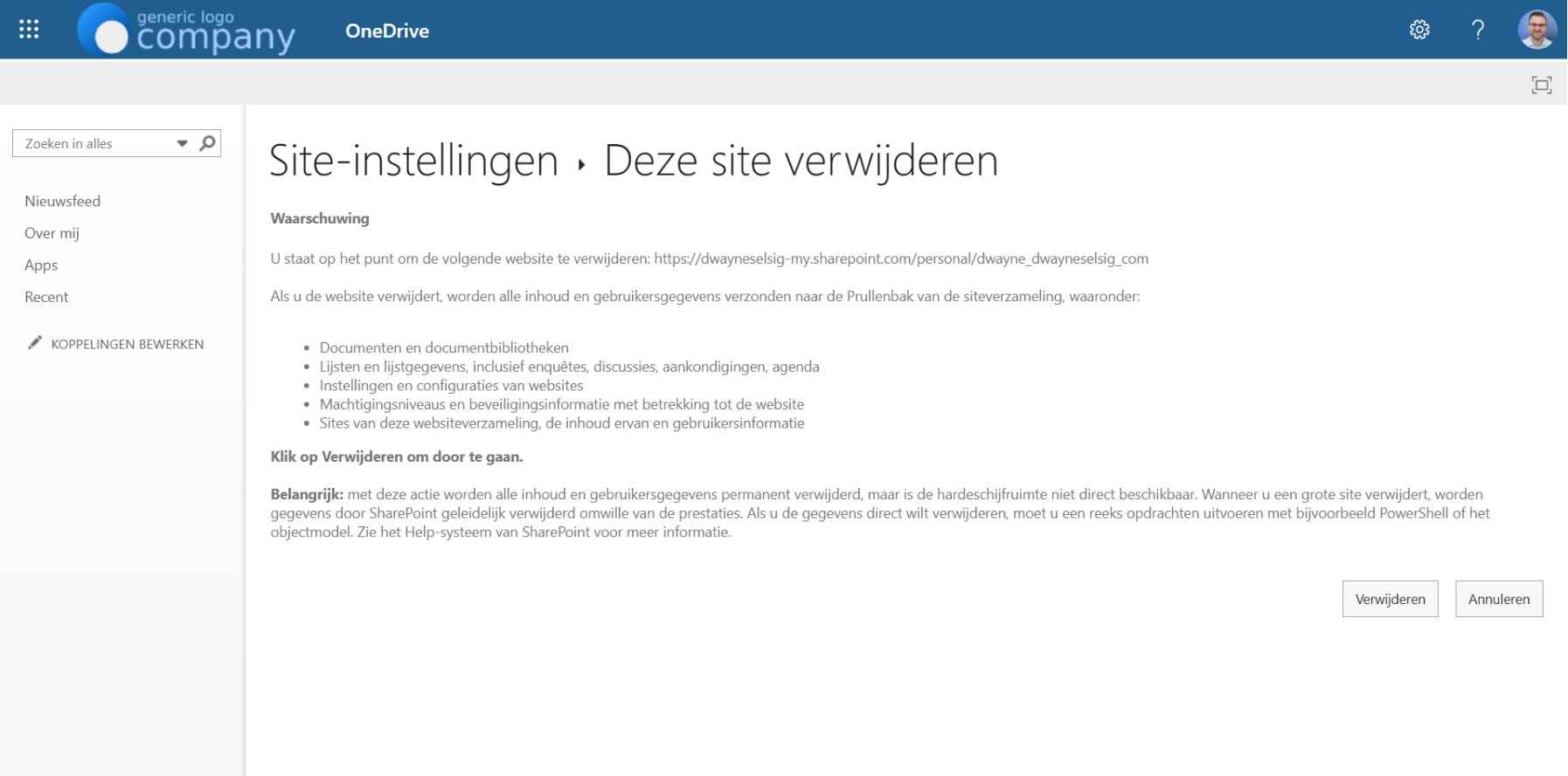 OneDrive-site-instellingen met Deze site verwijderen