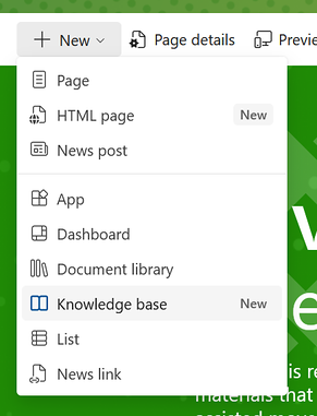 Het menu + New in SharePoint met de optie Knowledge base geselecteerd